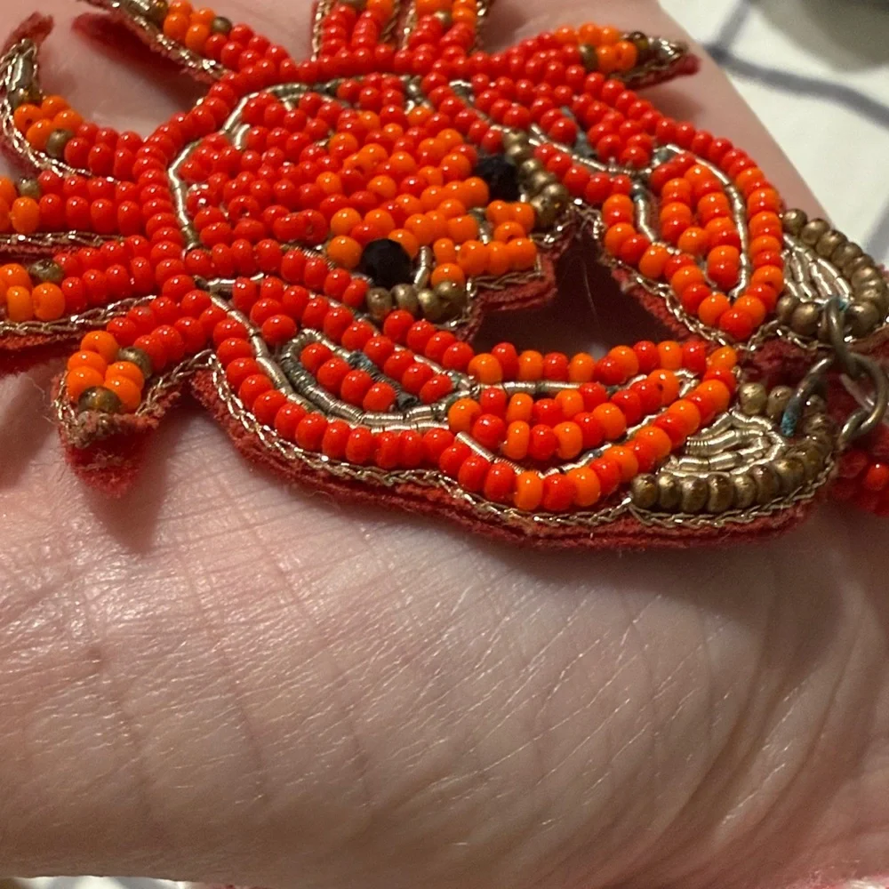 Beaded Crab Drop Earrings - Red Orange Statement Earrings - Picture 4 of 5